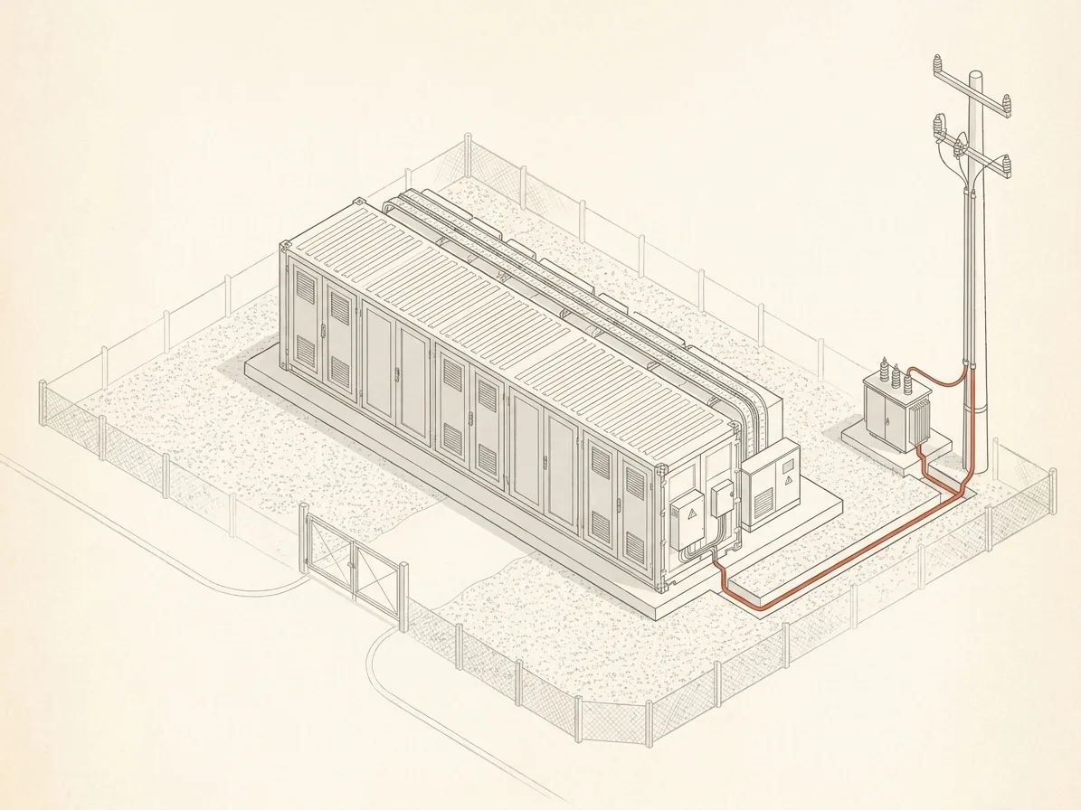 Isometric blueprint: grid-scale battery storage containers (BESS) on a fenced pad, with inverter skid, transformer and grid connection