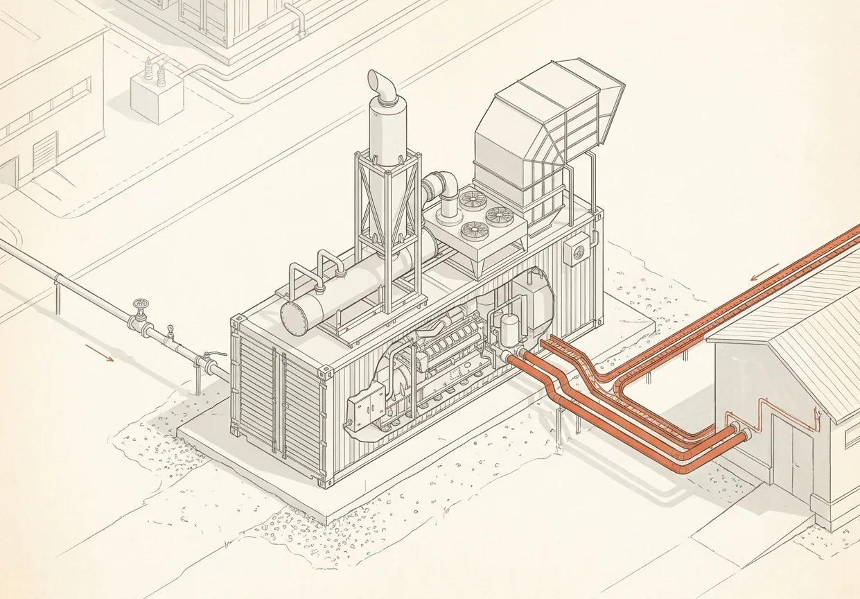 Isometric blueprint: a containerized gas-engine CHP cogeneration module on site, with gas supply in and heat and power piped to an adjacent building
